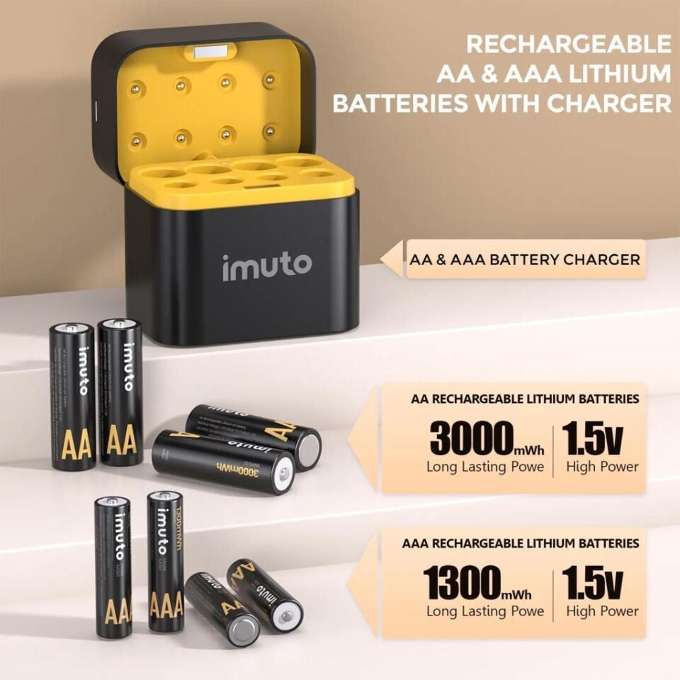 Imuto 3000mWh AA & 1300mWh AAA Lityum Şarjlı Pil Seti