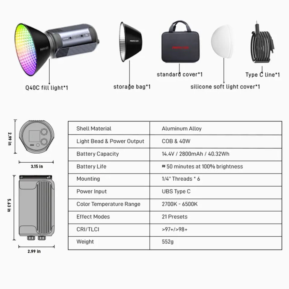 Photoolex Q40C 40W APP Kontrollü RGB Taşınabilir COB Video Işığı