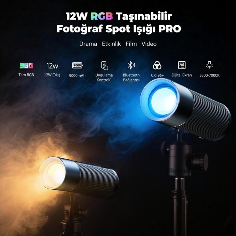 Photoolex Zoom Light Pro 12W RGB LED Spotlight Gobo Fotoğraf Işığı