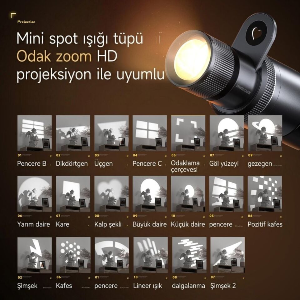Photoolex Zoom Light Pro 12W RGB LED Spotlight Gobo Fotoğraf Işığı